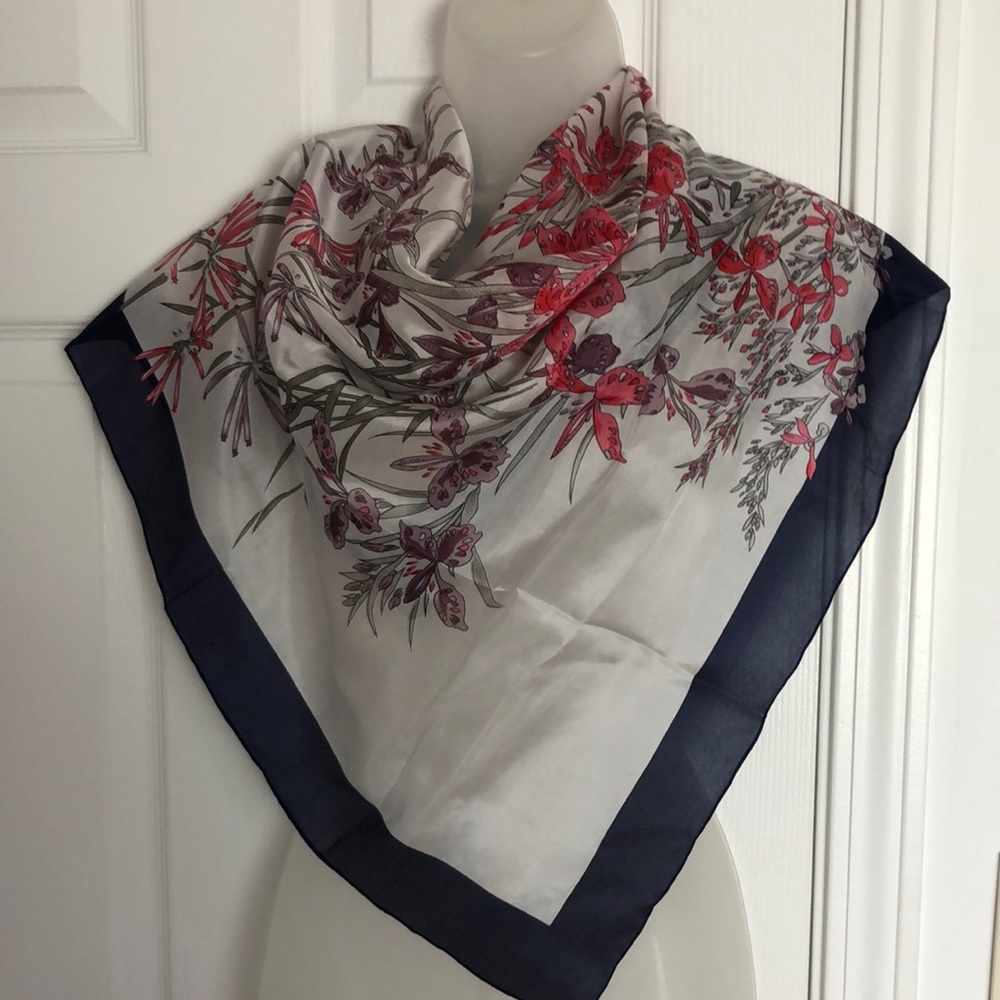 Delicate Floral Print Square Silk Scarf Hand rolled. Hand printed. VTG